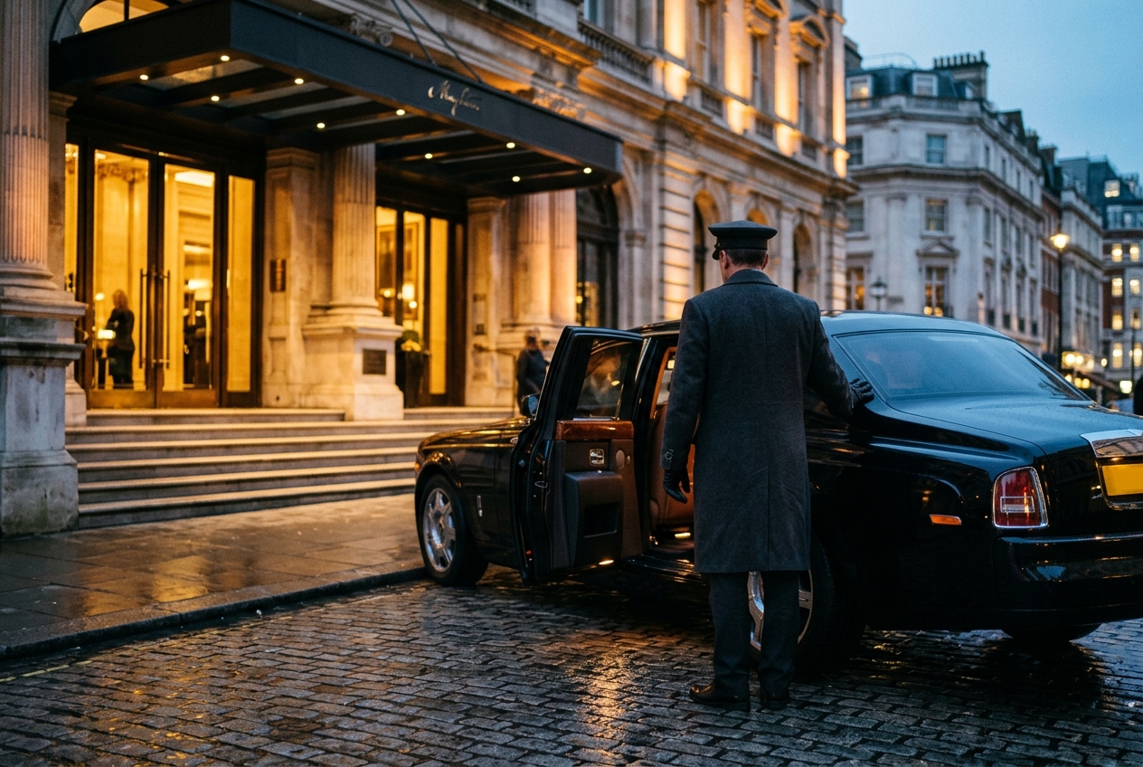 TIA Luxury VIP chauffeur service — uniformed chauffeur with Rolls-Royce Phantom at a Mayfair hotel entrance
