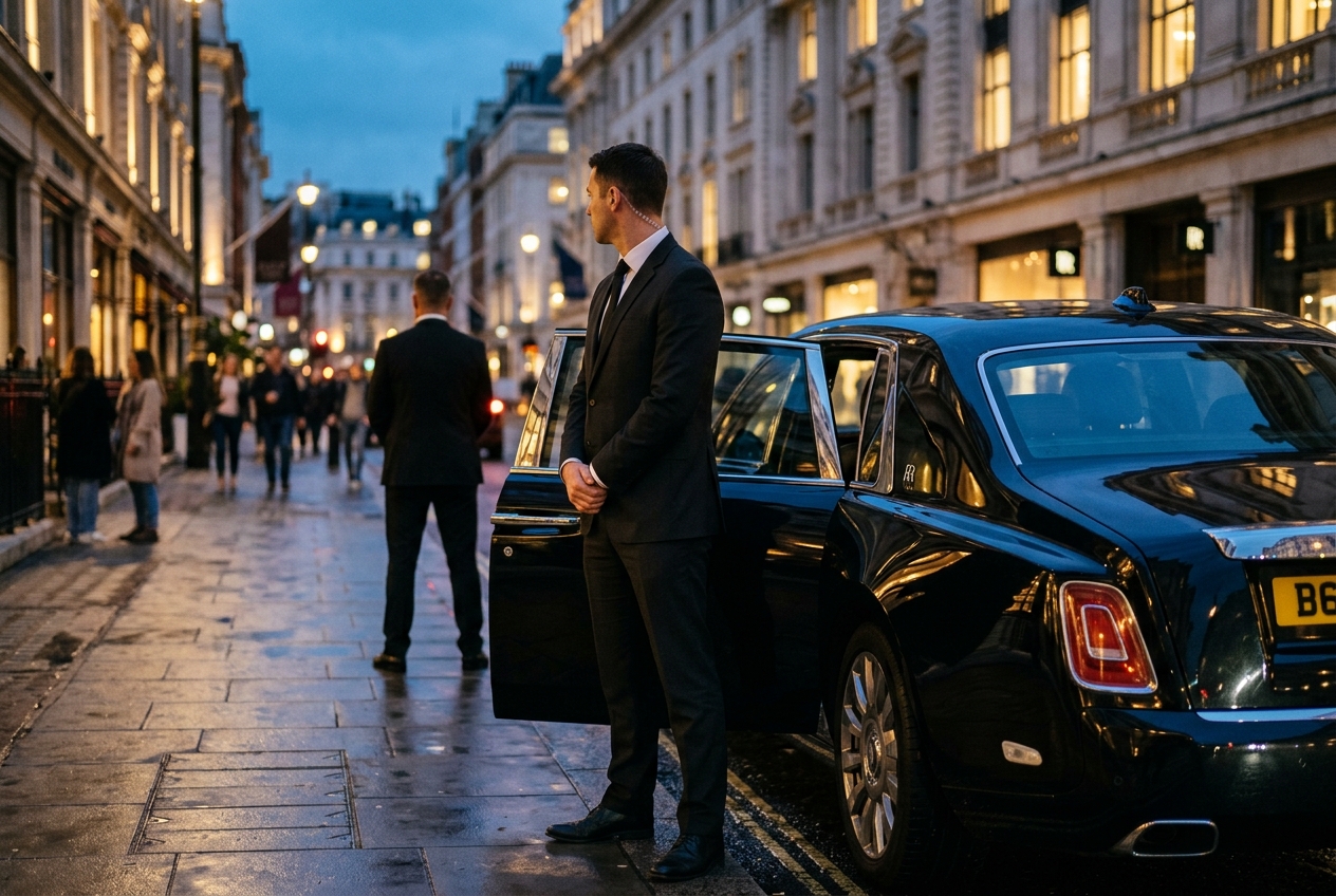 Elite close protection by TIA Luxury — suited operative at Rolls-Royce door on a London street at twilight