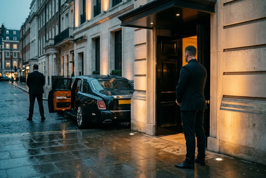 TIA Luxury close protection — operative on duty outside a Mayfair members club, Rolls-Royce Phantom at the kerb