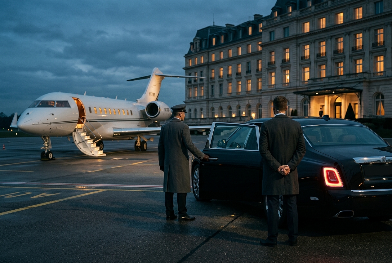 TIA Luxury concierge — chauffeur, Rolls-Royce, private jet and hotel at twilight