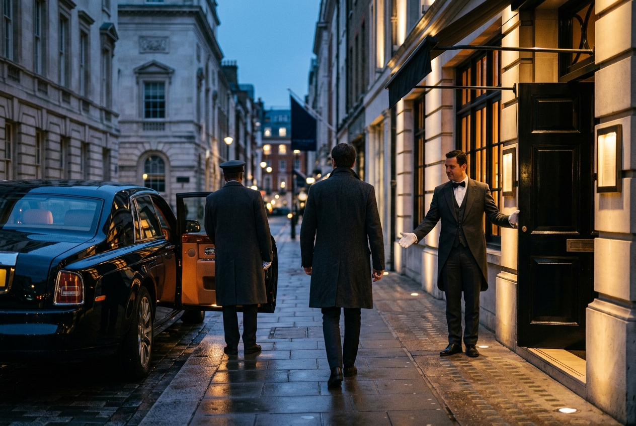 TIA Luxury VIP concierge in a five-star hotel lobby, handing a key card to a guest with chauffeur and Rolls-Royce waiting at the entrance