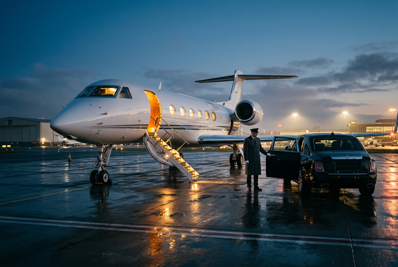 Private jet charter through TIA Luxury — sleek private jet with chauffeur and Rolls-Royce waiting on the apron at twilight